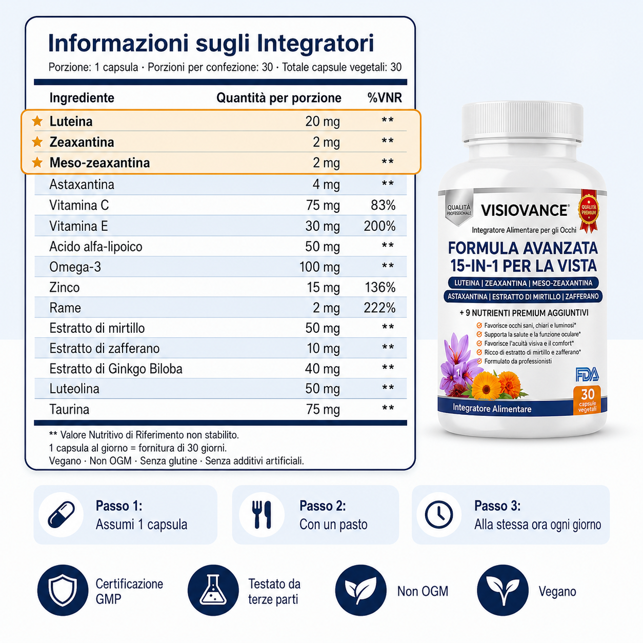 VisioVance Formula Avanzata 15 in 1 per la Salute degli Occhi